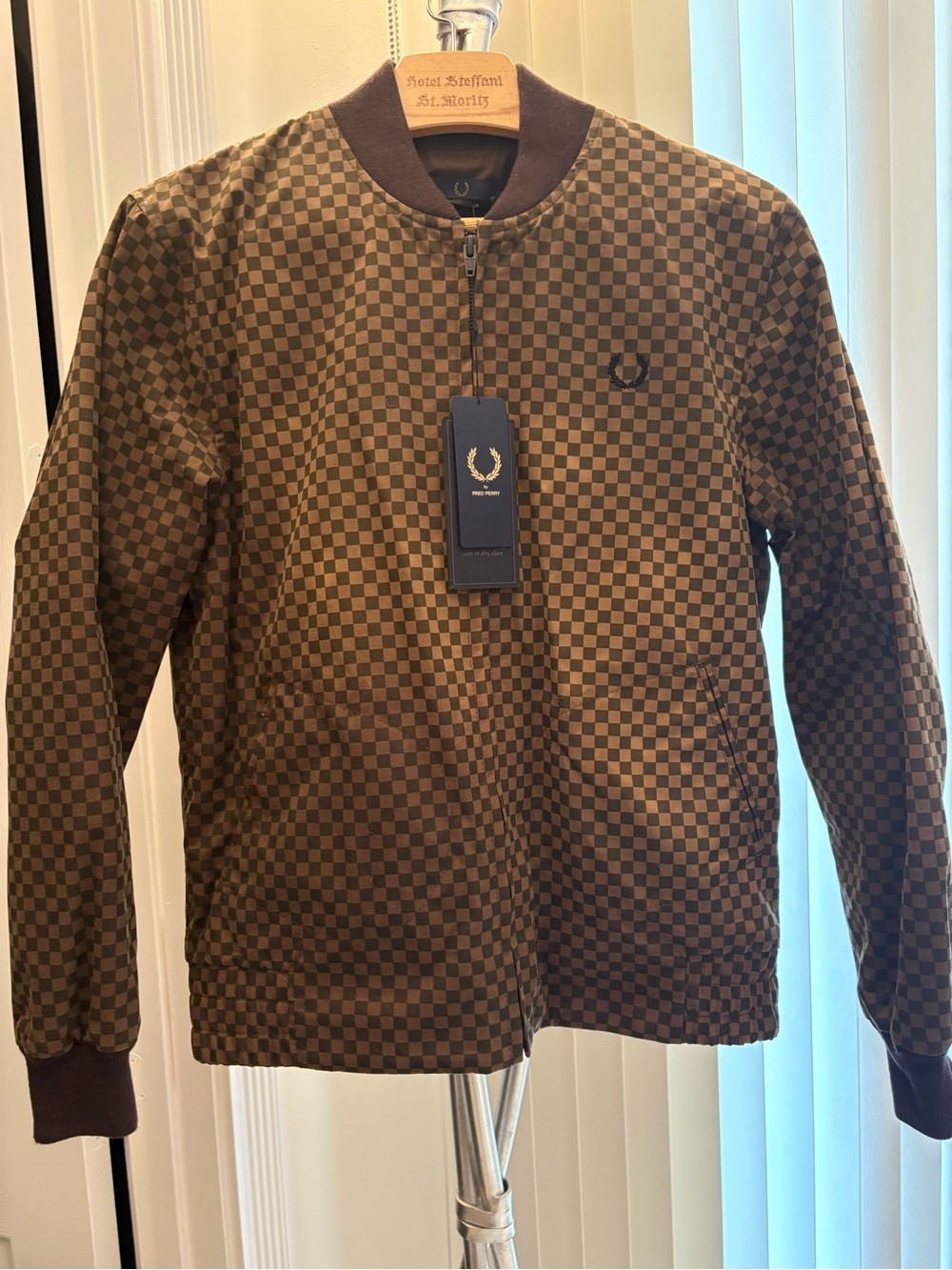Fred Perry Brown Checkered unisex Jacket with Navy Laurel